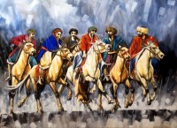 Momin Khan, 36 x 48 Inch, Acrylic on Canvas, Buzkashi Painting, AC-MK-141